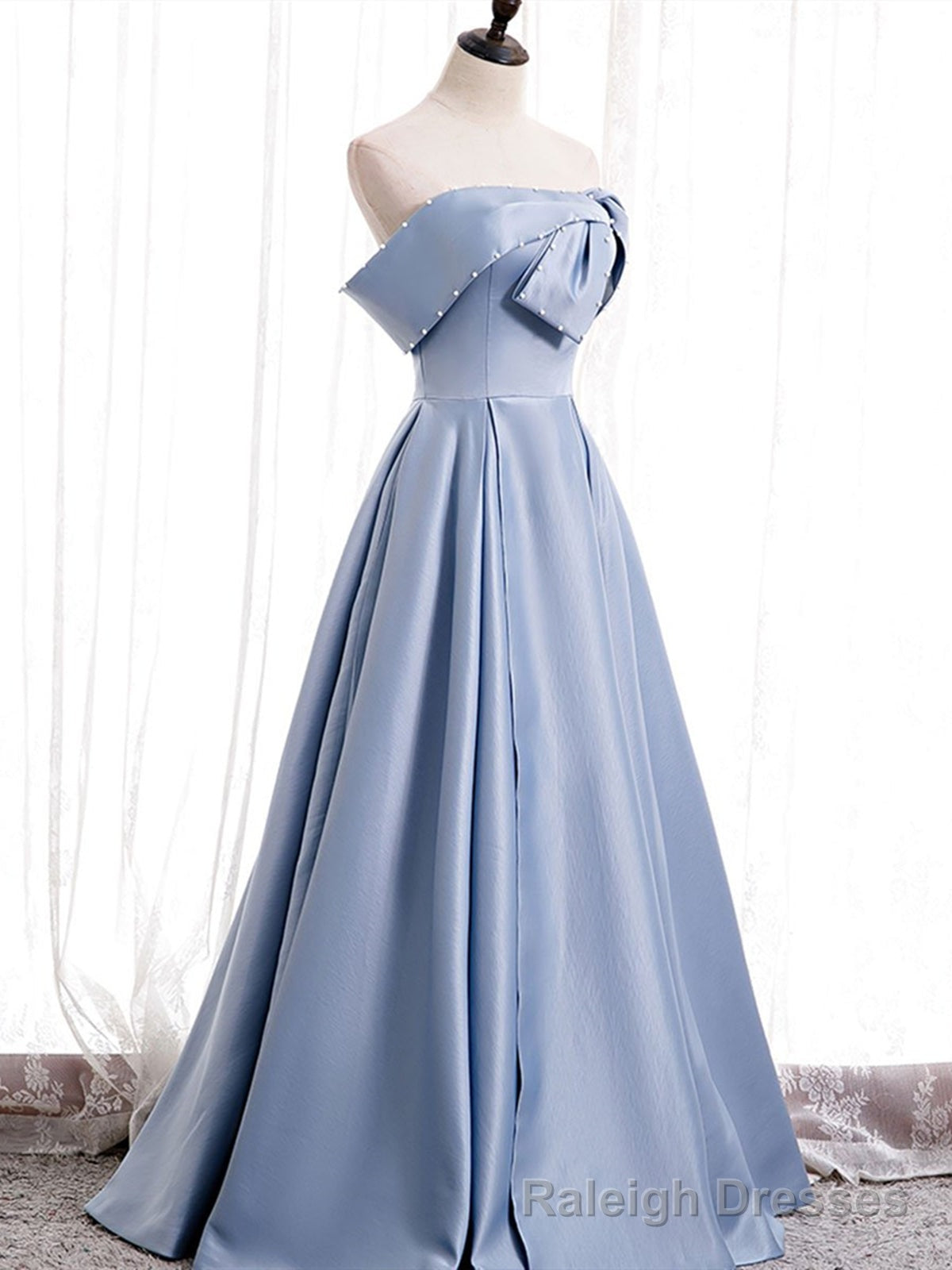 Off the Shoulder Blue Satin Long Prom Dresses, Off Shoulder Blue Formal Evening Dresses Secondary image