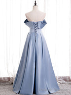 Off the Shoulder Blue Satin Long Prom Dresses, Off Shoulder Blue Formal Prom Dresses