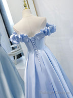Off the Shoulder Blue Satin Prom Dresses, Sky Blue Off Shoulder Satin Long Formal Graduation Dresses