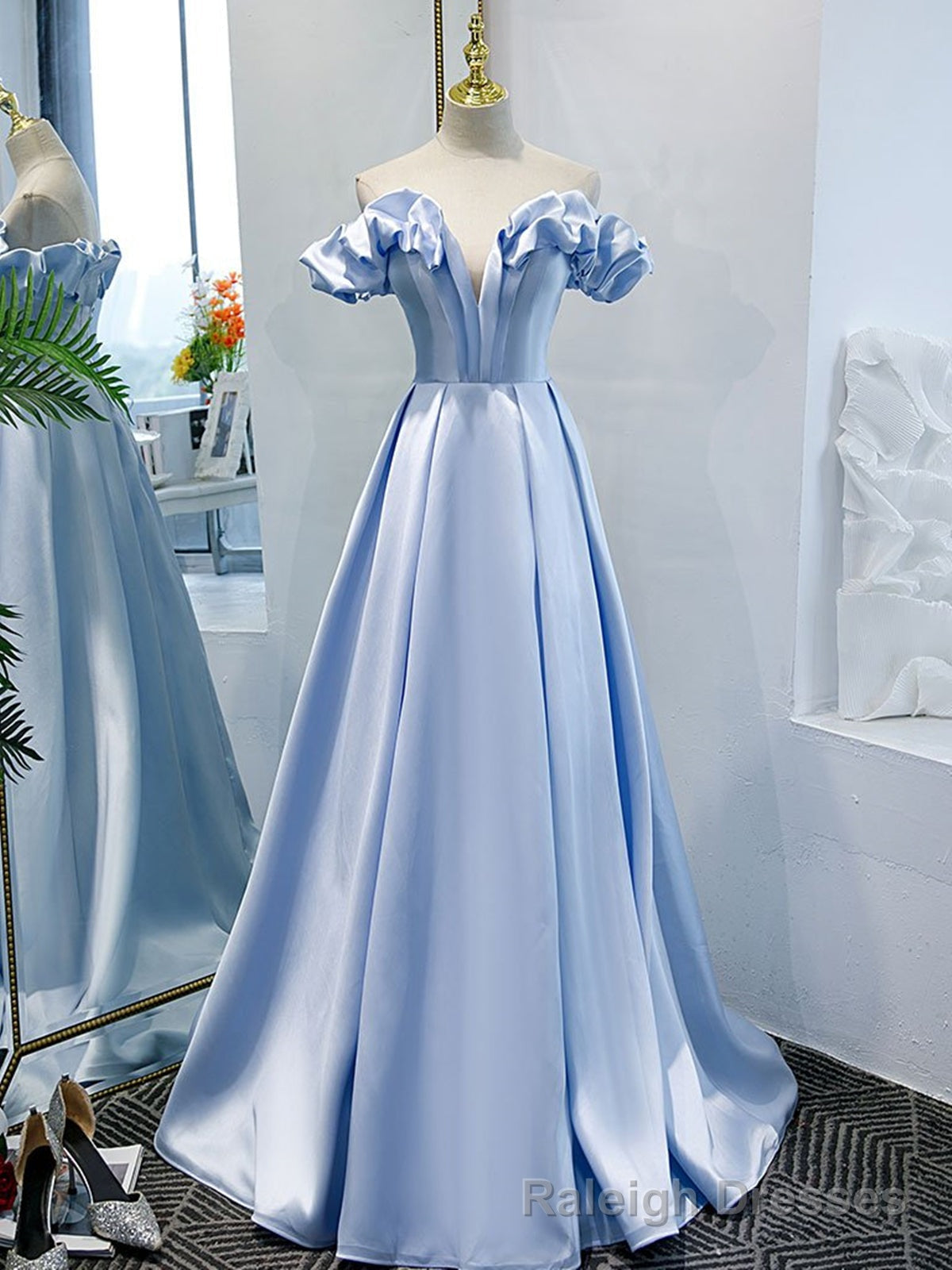 Off the Shoulder Blue Satin Prom Dresses, Sky Blue Off Shoulder Satin Long Formal Graduation Dresses Main image