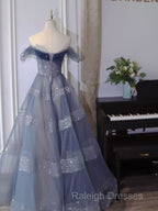 Off The Shoulder Blue Tulle A-Line Long Prom Dresses