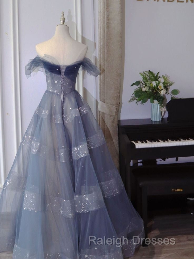 Off The Shoulder Blue Tulle A-Line Long Prom Dresses