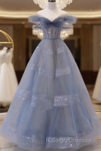 Off The Shoulder Blue Tulle A Line Long Prom Dress