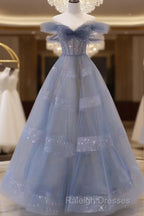 Off The Shoulder Blue Tulle A-Line Long Prom Dresses