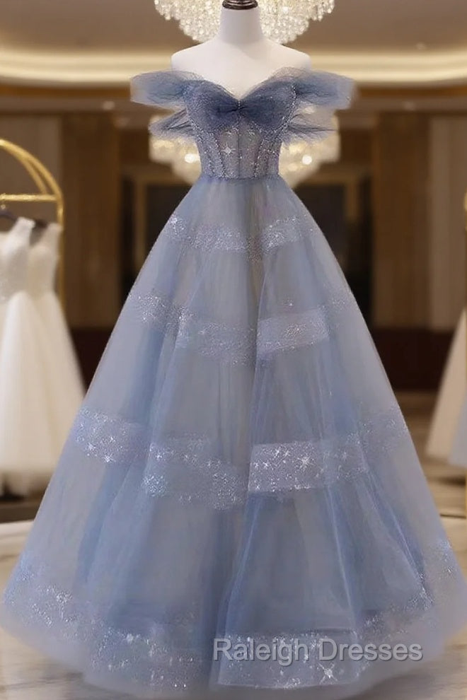 Off The Shoulder Blue Tulle A-Line Long Prom Dresses