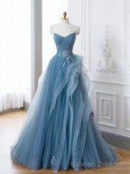 Off the Shoulder Blue Tulle Prom Dresses, Blue Tulle Floral Formal Evening Dresses