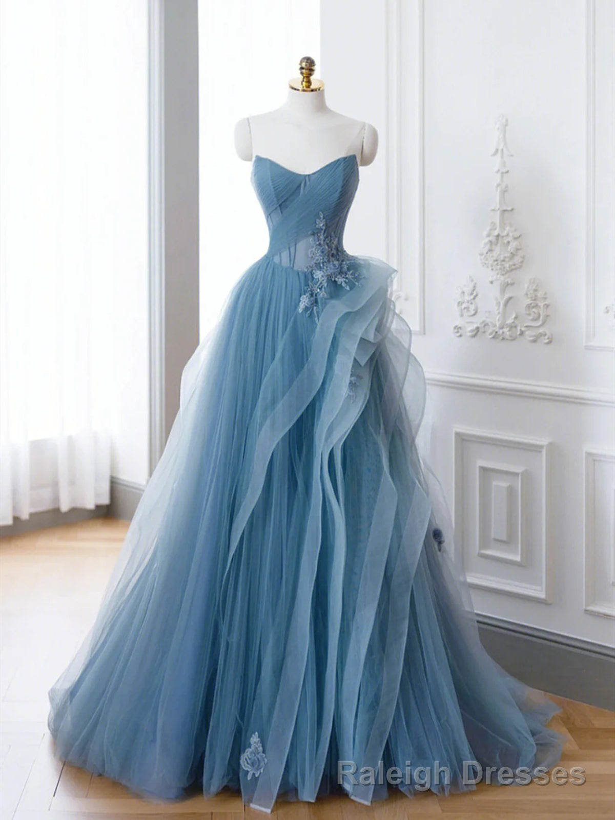 Off the Shoulder Blue Tulle Prom Dresses, Blue Tulle Floral Formal Prom Dresses Secondary image