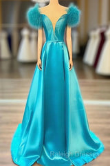 Off The Shoulder Blue V Neck Prom Dresses, Blue V Neck Long Formal Evening Dresses