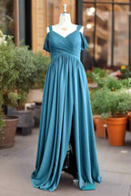 Off The Shoulder Bridesmaid Dresses For Women With Slit A Line Spaghetti Straps Long Chiffon Pleated Formal Prom Dress