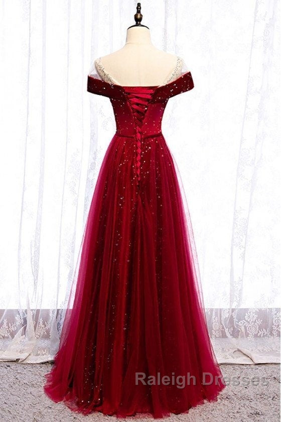 Off The Shoulder Burgundy Prom Dresses Long A-Line Velvet Prom Dresses