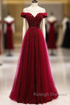 Off The Shoulder Burgundy Prom Dresses Long A-Line Velvet Prom Dresses