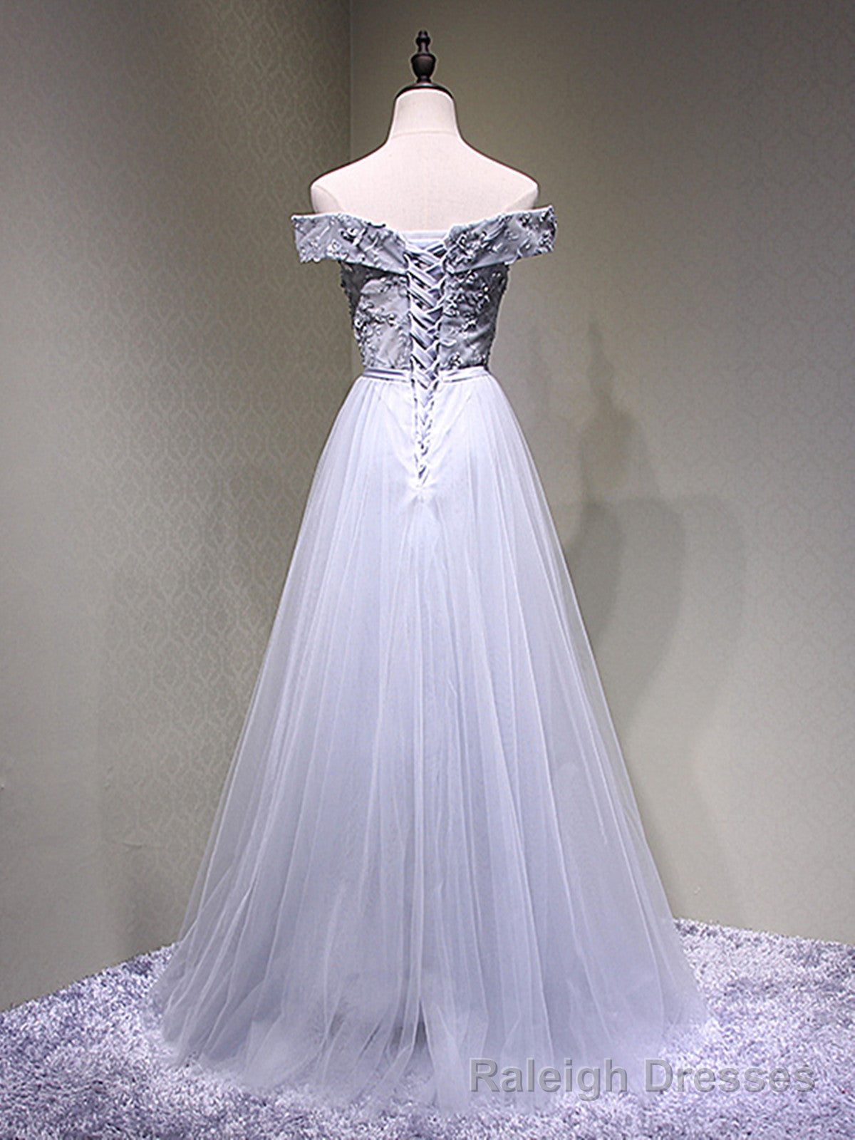 Off the Shoulder Burgundy Gray Lace Prom Dresses, Wine Red Grey Lace Formal Evening Dresses Secondary image