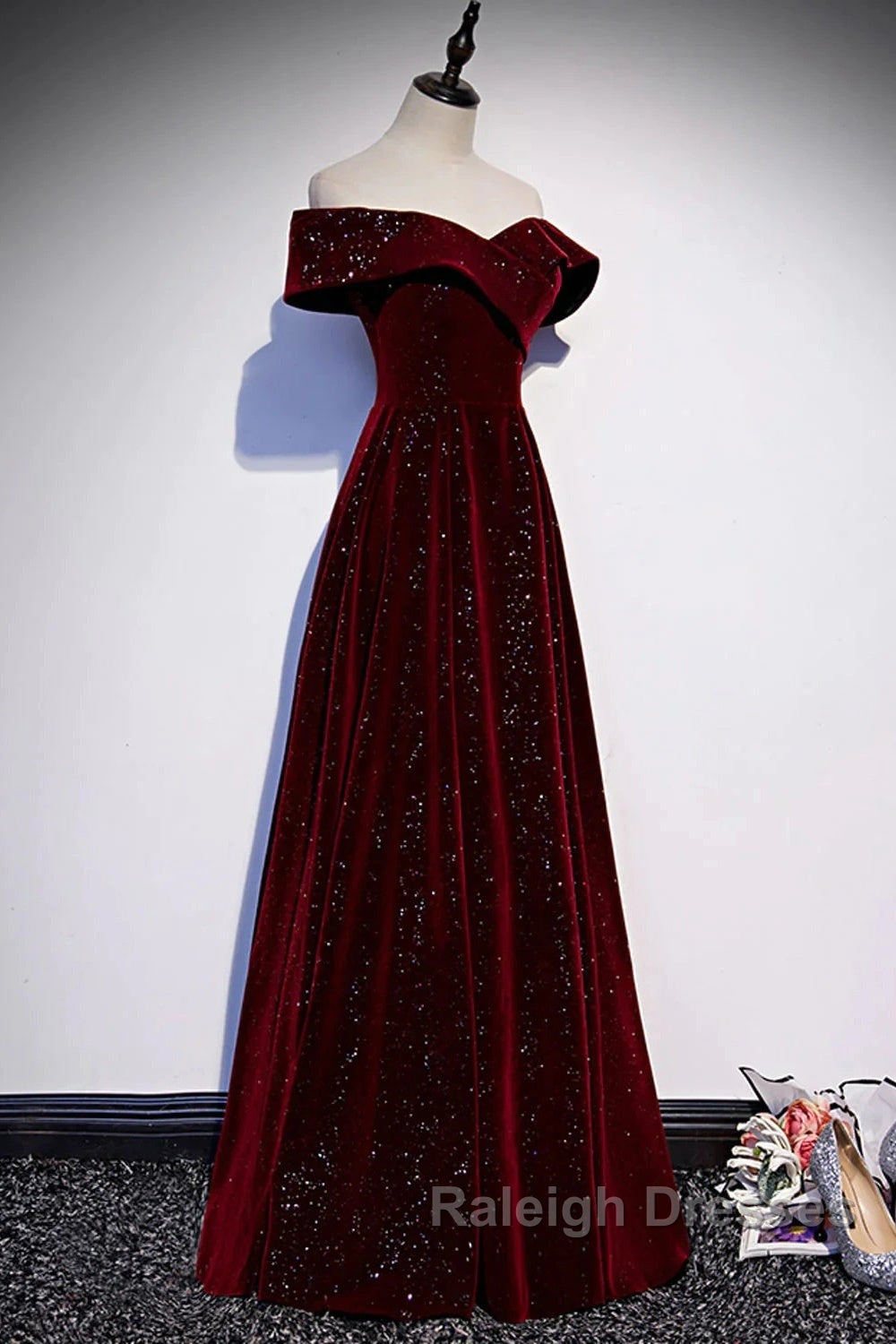 Off The Shoulder Burgundy Long Prom Dresses, Burgundy Off Shoulder Long Formal Evening Dresses Secondary image