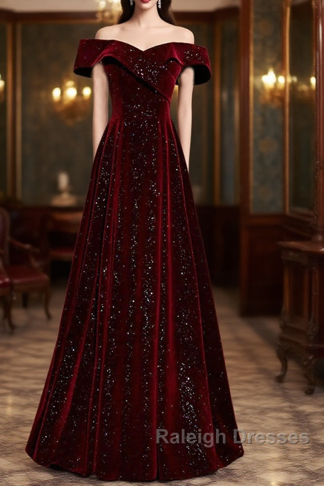 Off The Shoulder Burgundy Long Prom Dresses, Burgundy Off Shoulder Long Formal Evening Dresses Main image