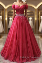 Off the Shoulder Burgundy Prom Dresses with Beaded Belt, Wine Red Long Formal Evening Dresses