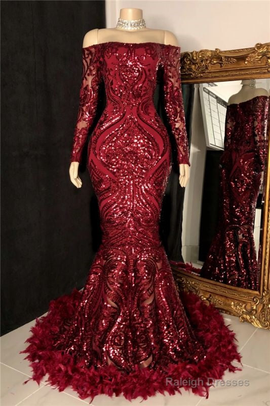 Off The Shoulder Burgundy Prom Dresses With Feather Long Sleeve Sparkle Lace Mermaid Evening Gowns Main image