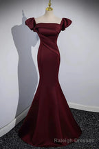 Off the Shoulder Burgundy Satin Long Prom Dresses, Wine Red Mermaid Formal Prom Dresses