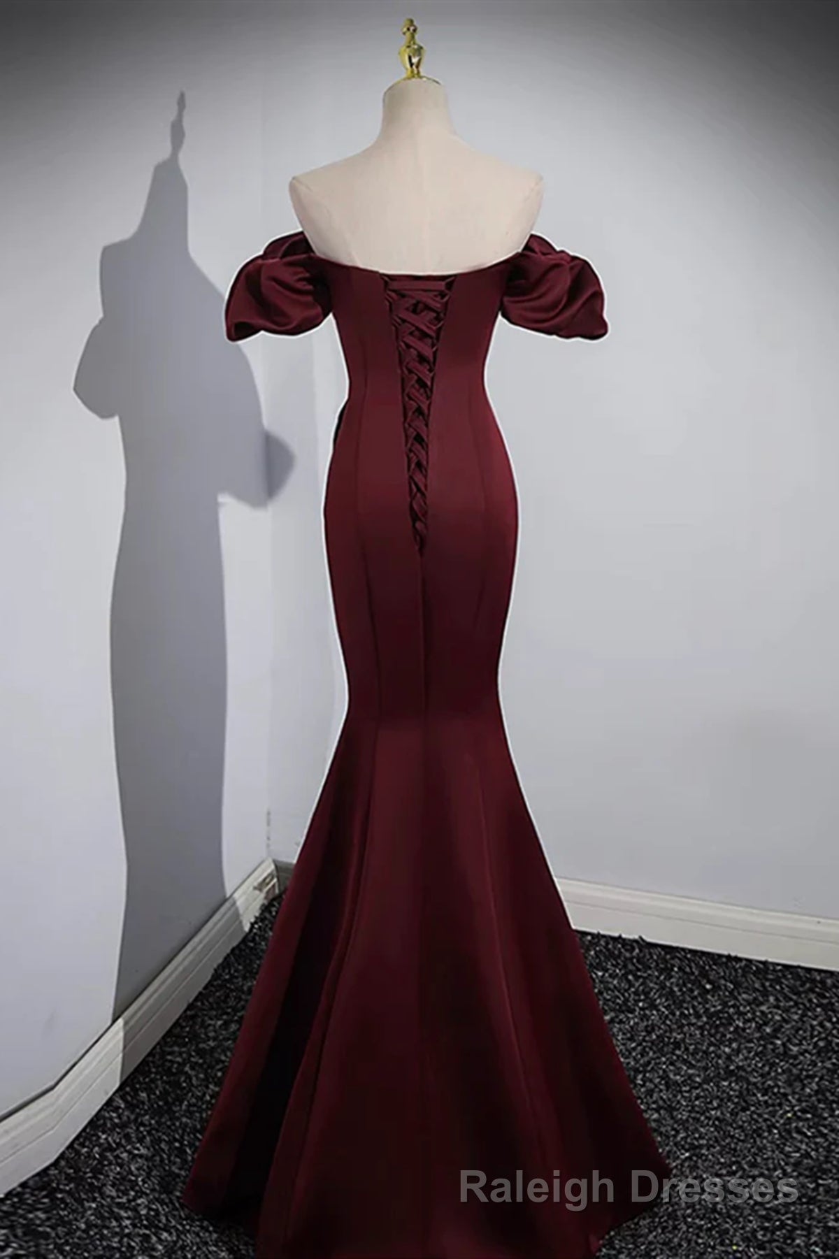 Off the Shoulder Burgundy Satin Long Prom Dresses, Wine Red Mermaid Formal Prom Dresses