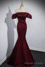 Off the Shoulder Burgundy Satin Long Prom Dresses, Wine Red Mermaid Formal Prom Dresses