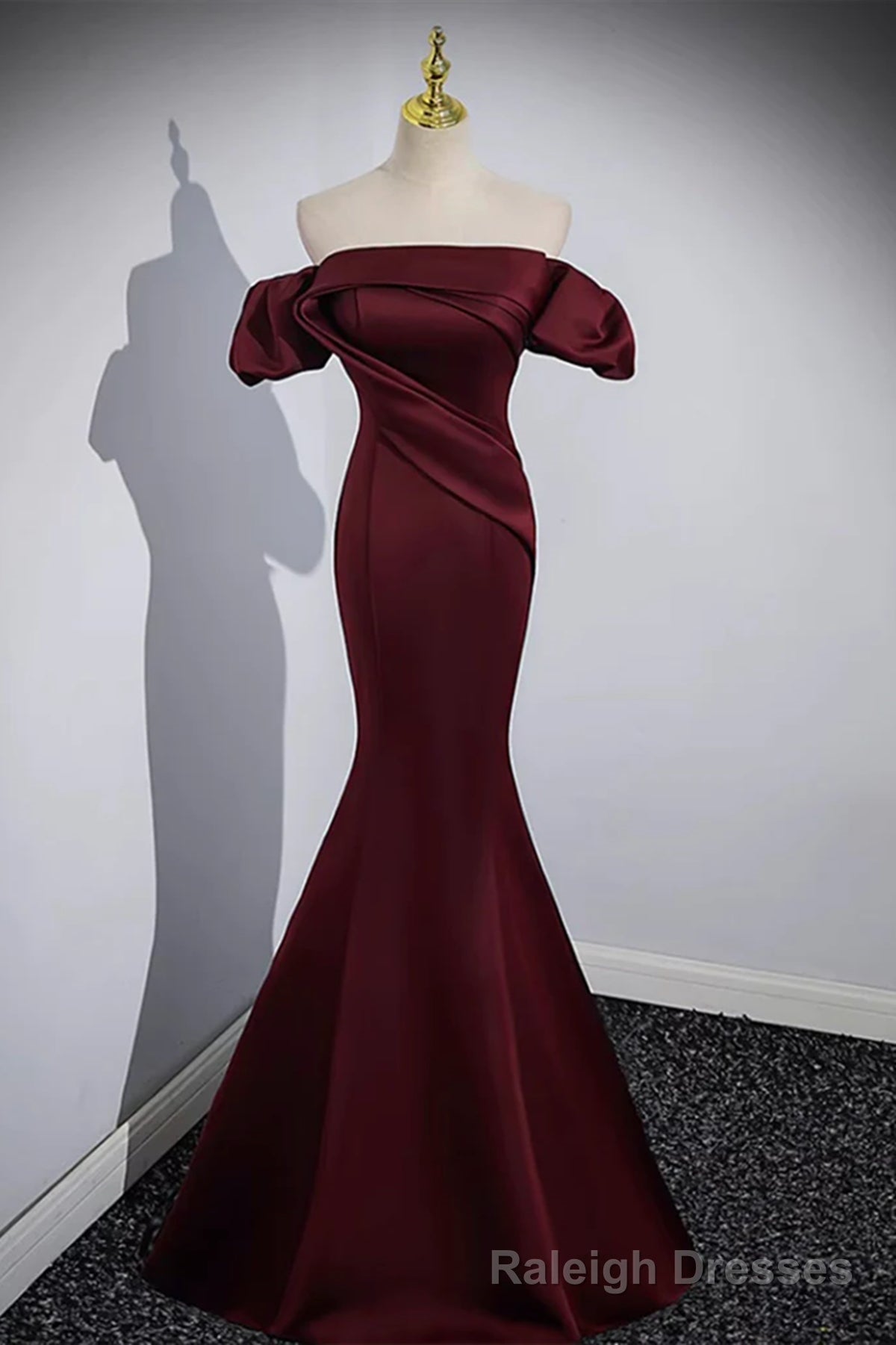 Off the Shoulder Burgundy Satin Long Prom Dresses, Wine Red Mermaid Formal Evening Dresses Main image
