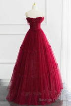 Off the Shoulder Burgundy Tulle Long Prom Dresses, Wine Red Long Tulle Formal Prom Dresses