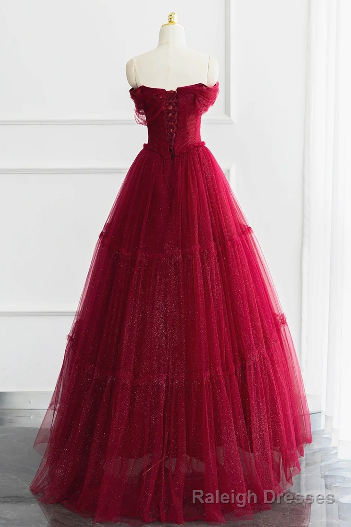 Off the Shoulder Burgundy Tulle Long Prom Dresses, Wine Red Long Tulle Formal Prom Dresses