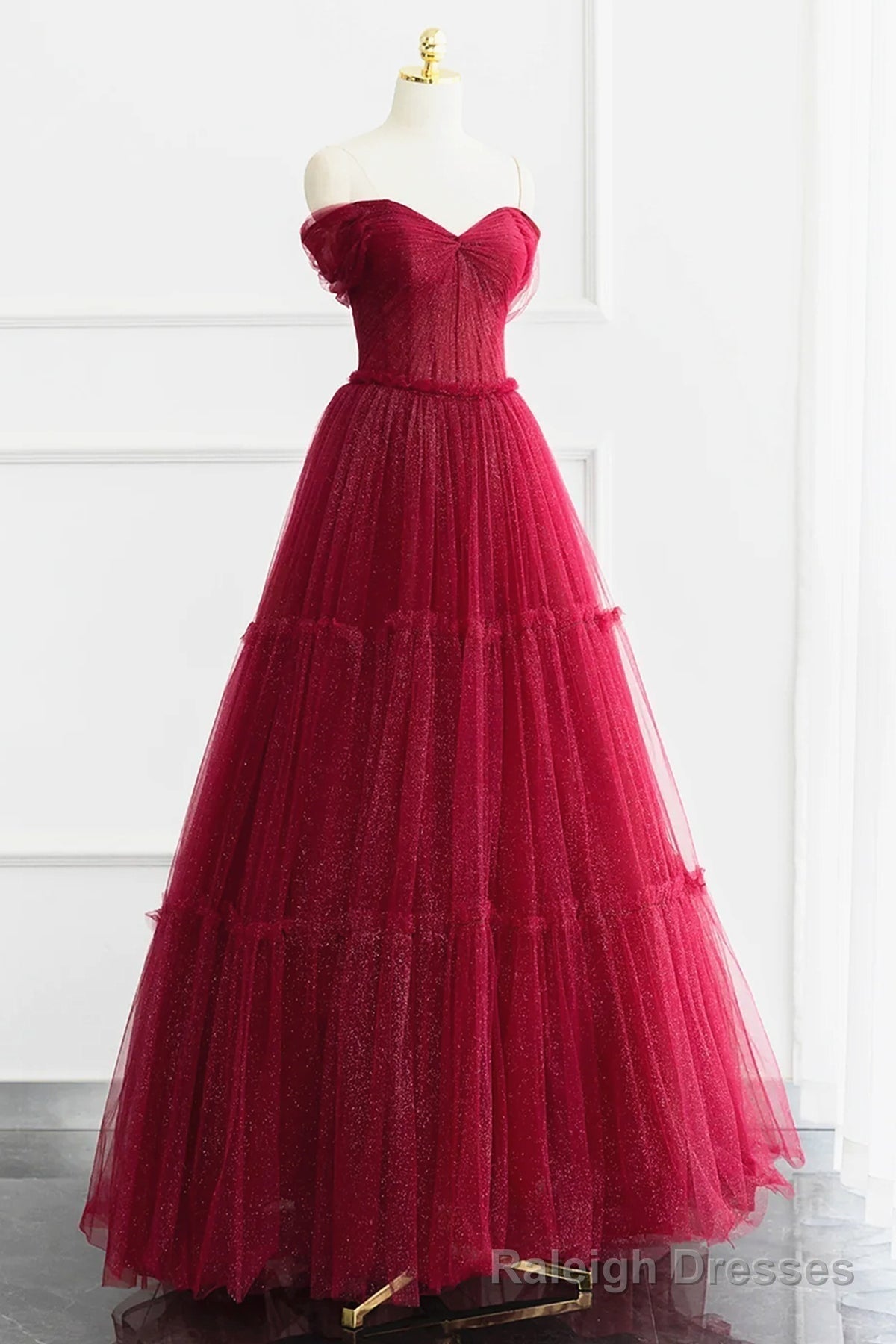 Off the Shoulder Burgundy Tulle Long Prom Dresses, Wine Red Long Tulle Formal Prom Dresses Main image