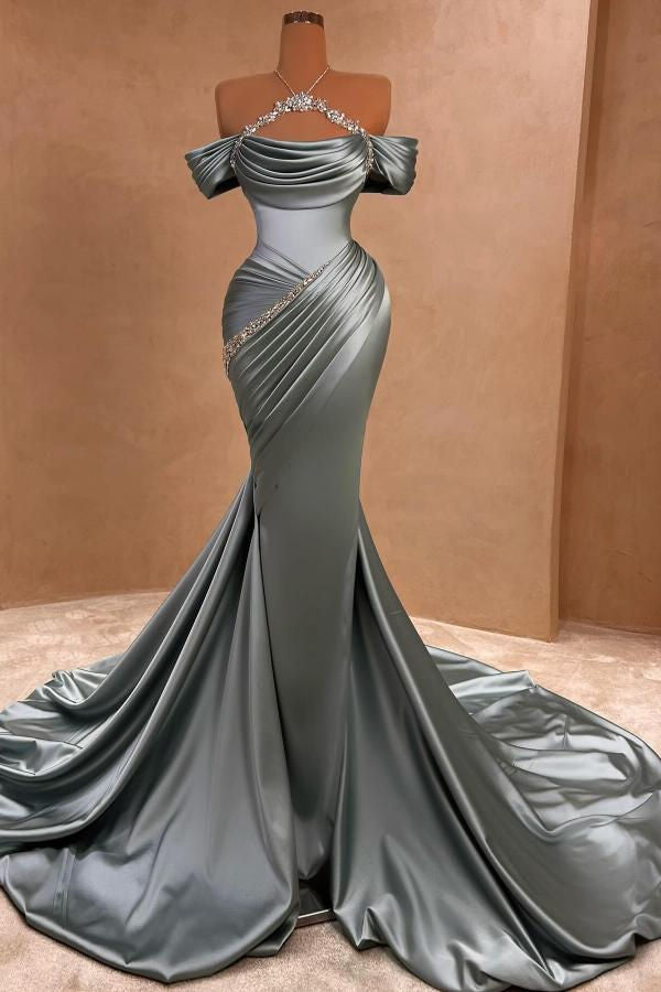 Off The Shoulder Cap Sleeves Gray Shiny Satin Court Train Prom Dresses Main image