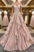 Off the Shoulder Champagne Lace Prom Dresses, Off Shoulder Champagne Lace Formal Evening Dresses