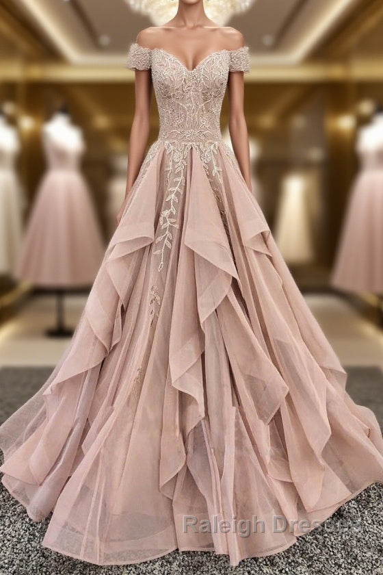 Off the Shoulder Champagne Lace Prom Dresses, Off Shoulder Champagne Lace Formal Evening Dresses