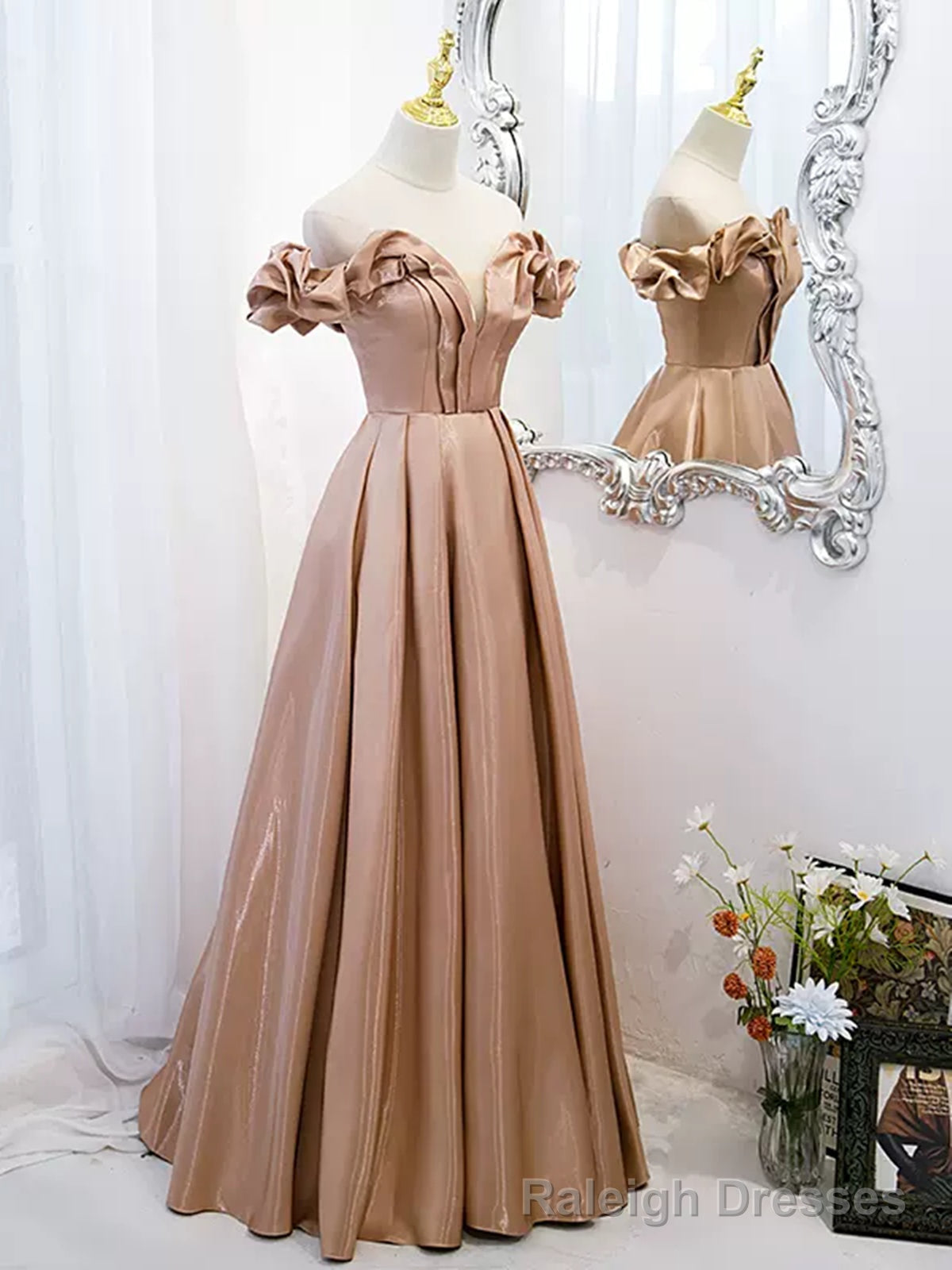 Off the Shoulder Champagne Satin Prom Dresses, Champagne Long Formal Prom Dresses