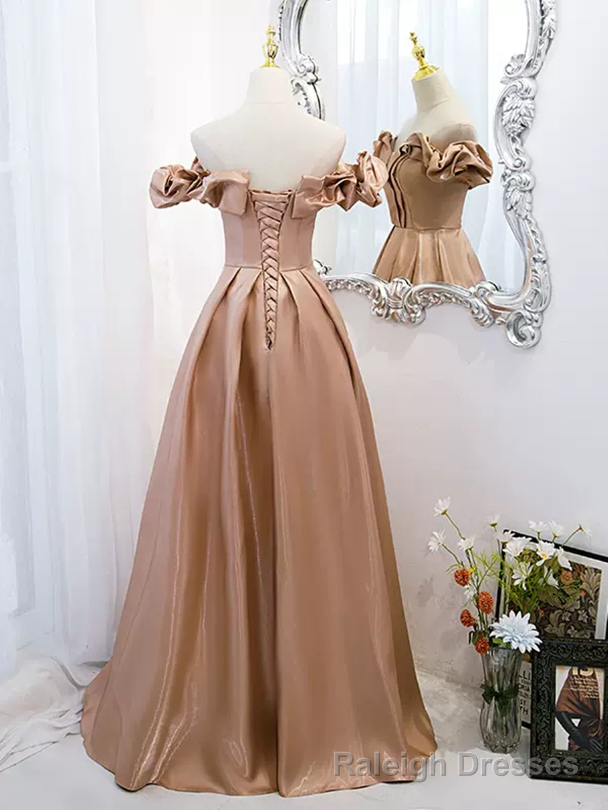 Off the Shoulder Champagne Satin Prom Dresses, Champagne Long Formal Prom Dresses