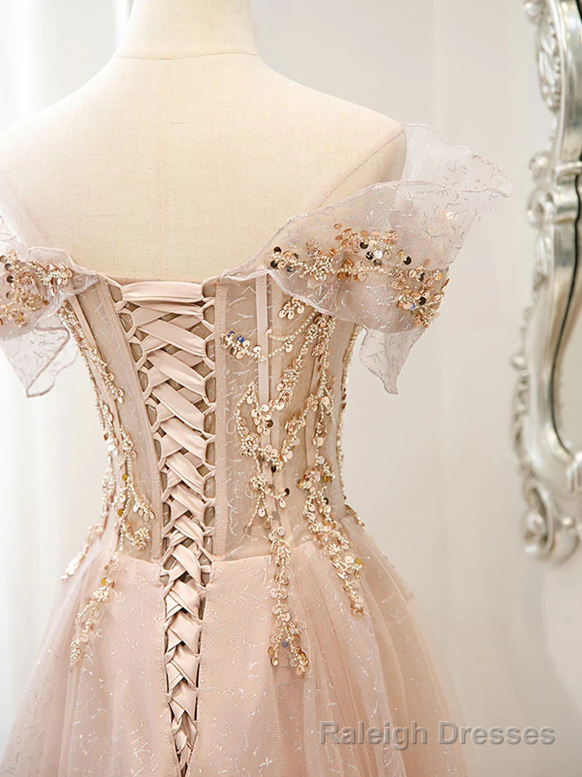 Off the Shoulder Champagne Tulle Lace Prom Dress, Off Shoulder Champagne Lace Formal Dress