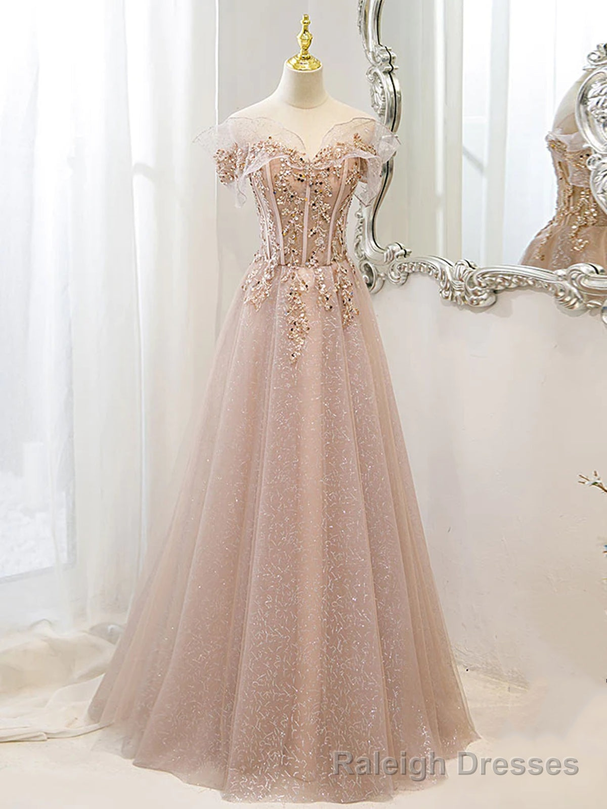 Off the Shoulder Champagne Tulle Lace Prom Dress, Off Shoulder Champagne Lace Formal Dress Main image