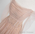 Off the Shoulder Champagne Tulle Long Prom Dresses, Champagne Beaded Tulle Formal Prom Dresses