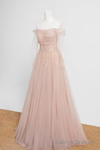 Off the Shoulder Champagne Tulle Long Prom Dresses, Champagne Beaded Tulle Formal Prom Dresses