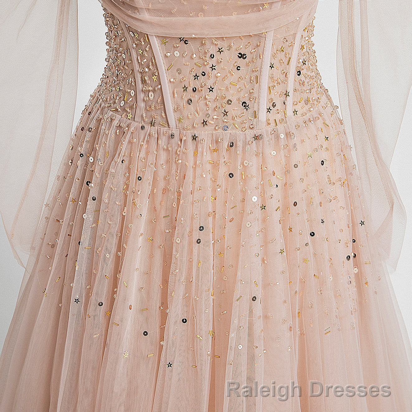 Off the Shoulder Champagne Tulle Long Prom Dresses, Champagne Beaded Tulle Formal Evening Dresses
