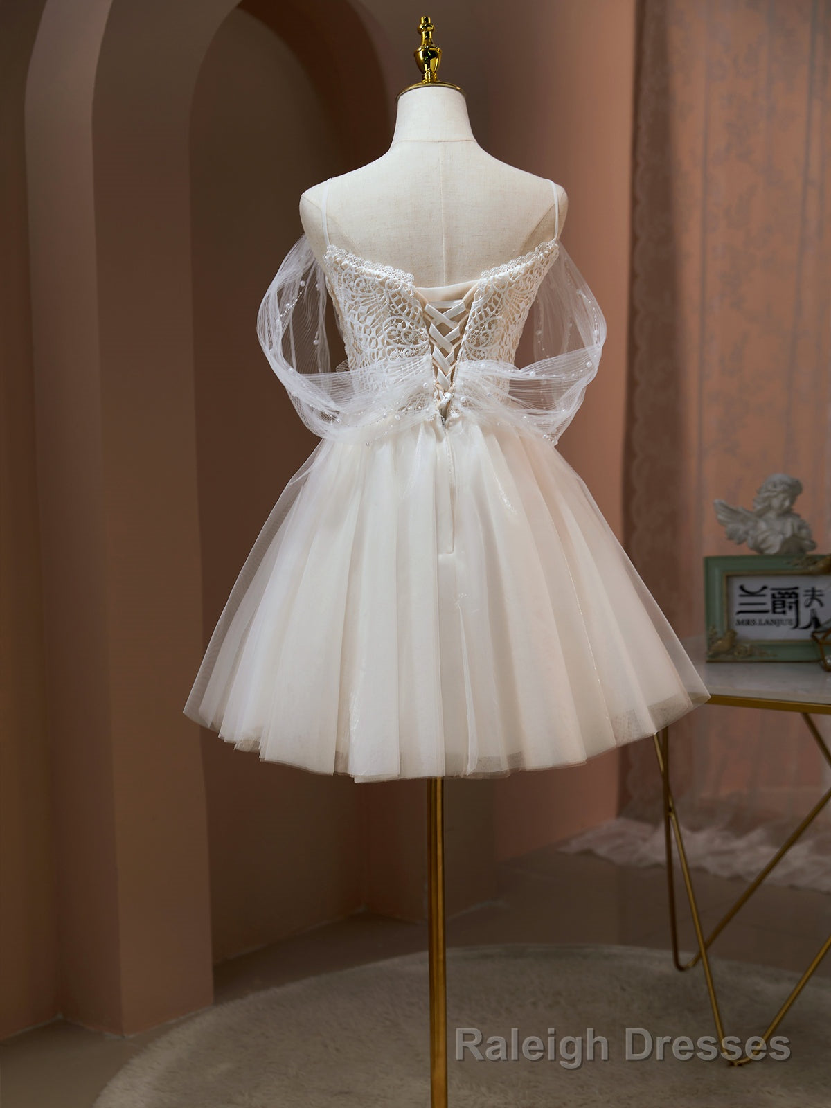 Off the Shoulder Champagne Tulle Prom Dress, Short Formal Homecoming Dress