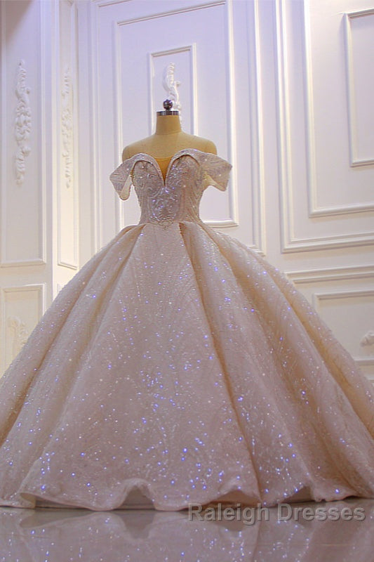 Off the shoulder Champange Puffy ball Gown Sparkle Wedding Dresses Secondary image