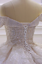 Off the shoulder Champange Puffy ball Gown Sparkle Wedding Dresses