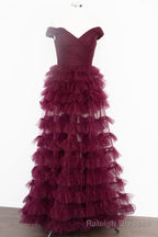 Off the Shoulder Dark Berry Pleated Sheer Tiered Prom Dress