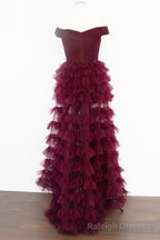 Off the Shoulder Dark Berry Pleated Sheer Tiered Prom Dress