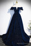 Off the Shoulder Dark Navy Blue Long Prom Dresses, Dark Navy Blue Long Formal Evening Dresses