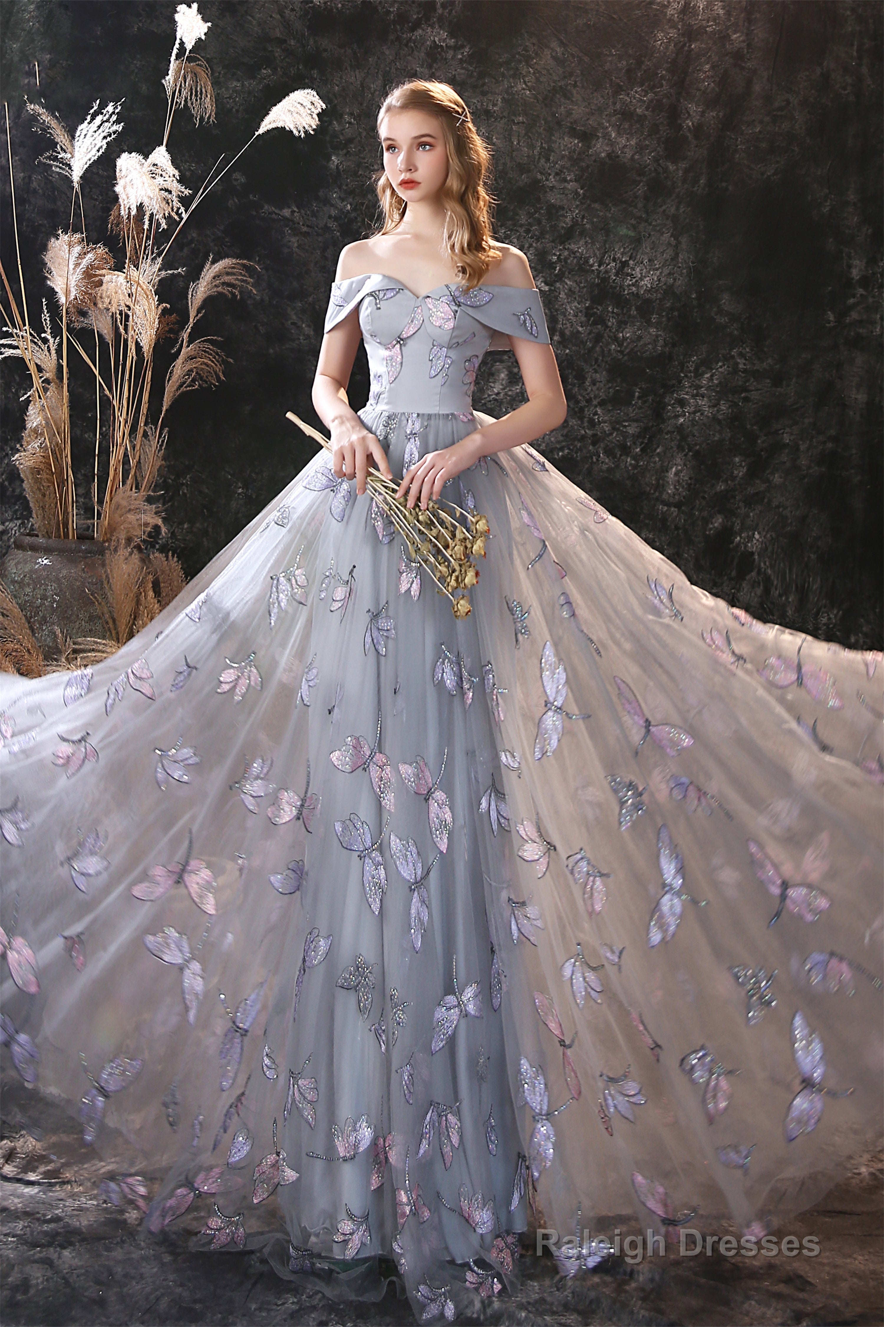 Off The Shoulder Dragonfly Lace Long Prom Dresses Secondary image