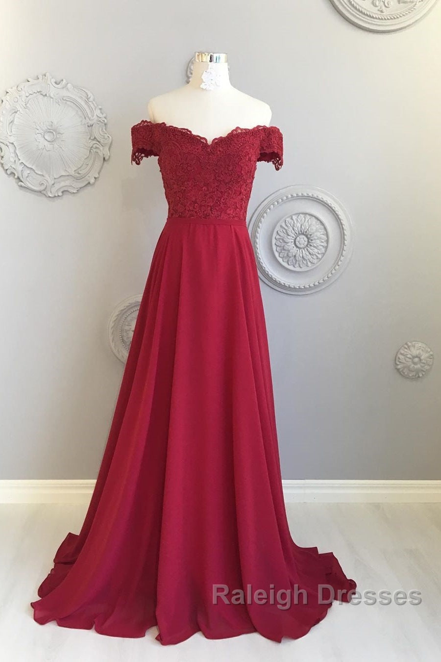 Off The Shoulder Floor Length Burgundy Lace Prom Dresses, Burgundy Off Shoulder Lace Bridesmaid Dresses Secondary image