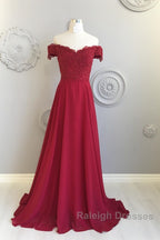 Off The Shoulder Floor Length Burgundy Lace Prom Dresses, Burgundy Off Shoulder Lace Bridesmaid Dresses