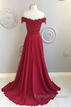Off The Shoulder Floor Length Burgundy Lace Prom Dresses, Burgundy Off Shoulder Lace Bridesmaid Dresses
