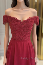 Off The Shoulder Floor Length Burgundy Lace Prom Dresses, Burgundy Off Shoulder Lace Bridesmaid Dresses