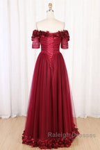 Off The Shoulder Flowers Burgundy Tulle Long Prom Dress