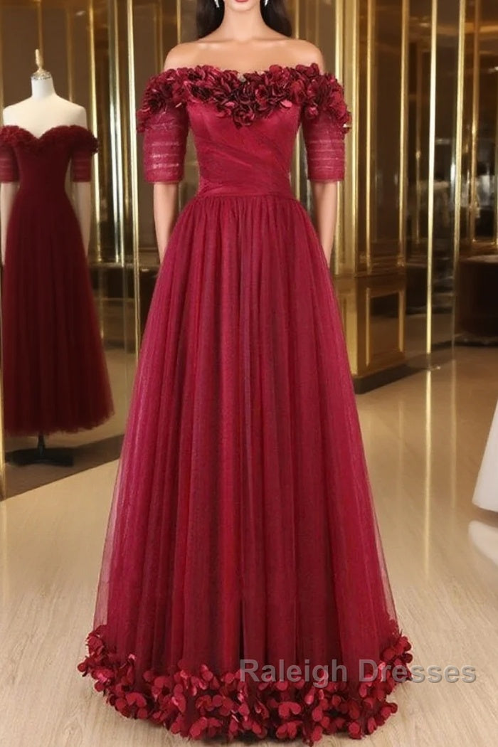 Off The Shoulder Flowers Burgundy Tulle Long Prom Dress Main image